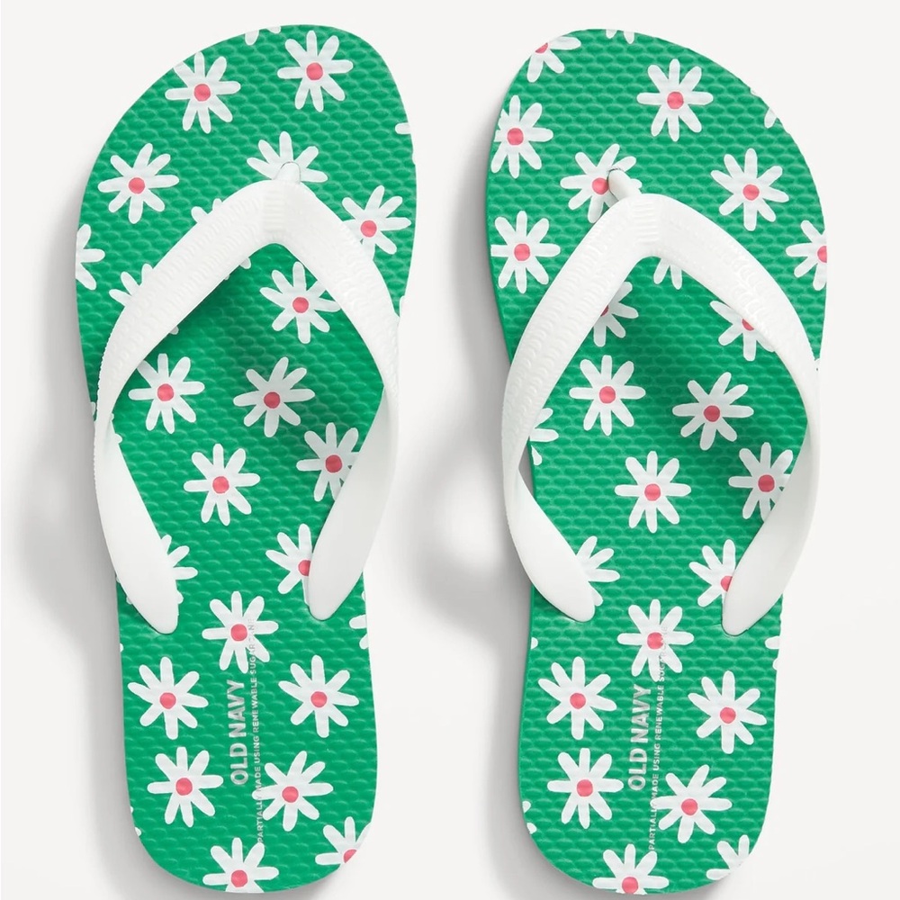 Sz 1Y-2Y Old Navy Kids Green Floral Flip Flops summer beach green with daisy